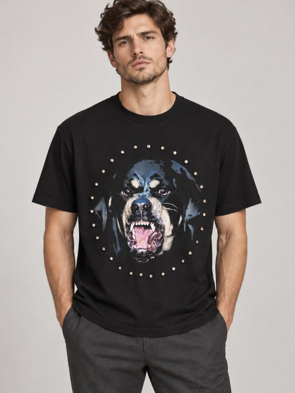 Givenchy Black Graphic Dog Tee with Gold Studs